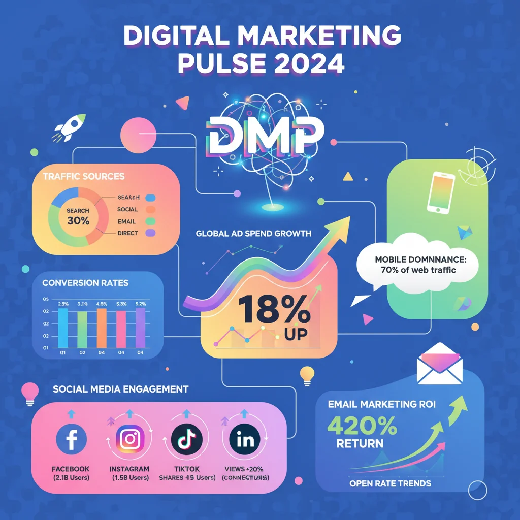 Colourful infographic showing digital marketing statistics and data visualisation