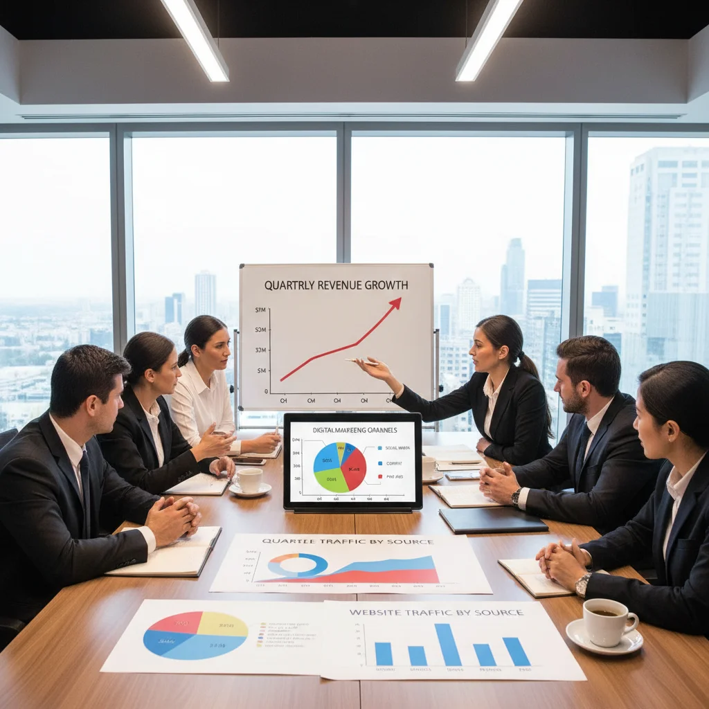 Digital marketing strategy planning session with charts and graphs showing revenue growth