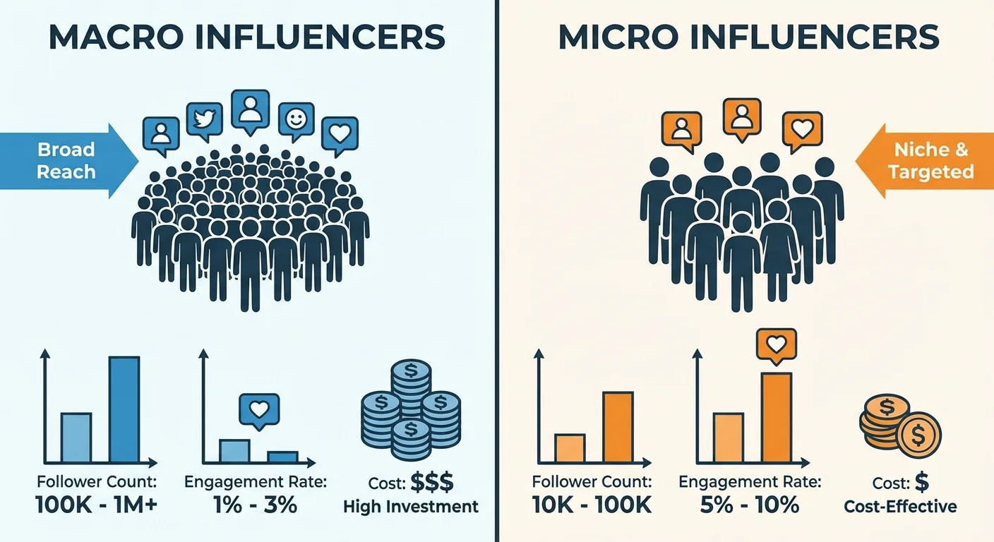 Split screen comparison showing macro vs micro influencer engagement rates and follower counts