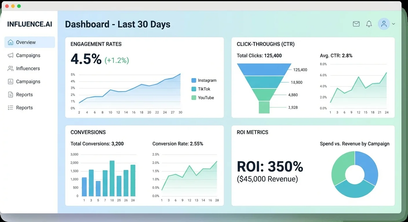 Analytics dashboard showing influencer marketing campaign performance metrics and ROI tracking