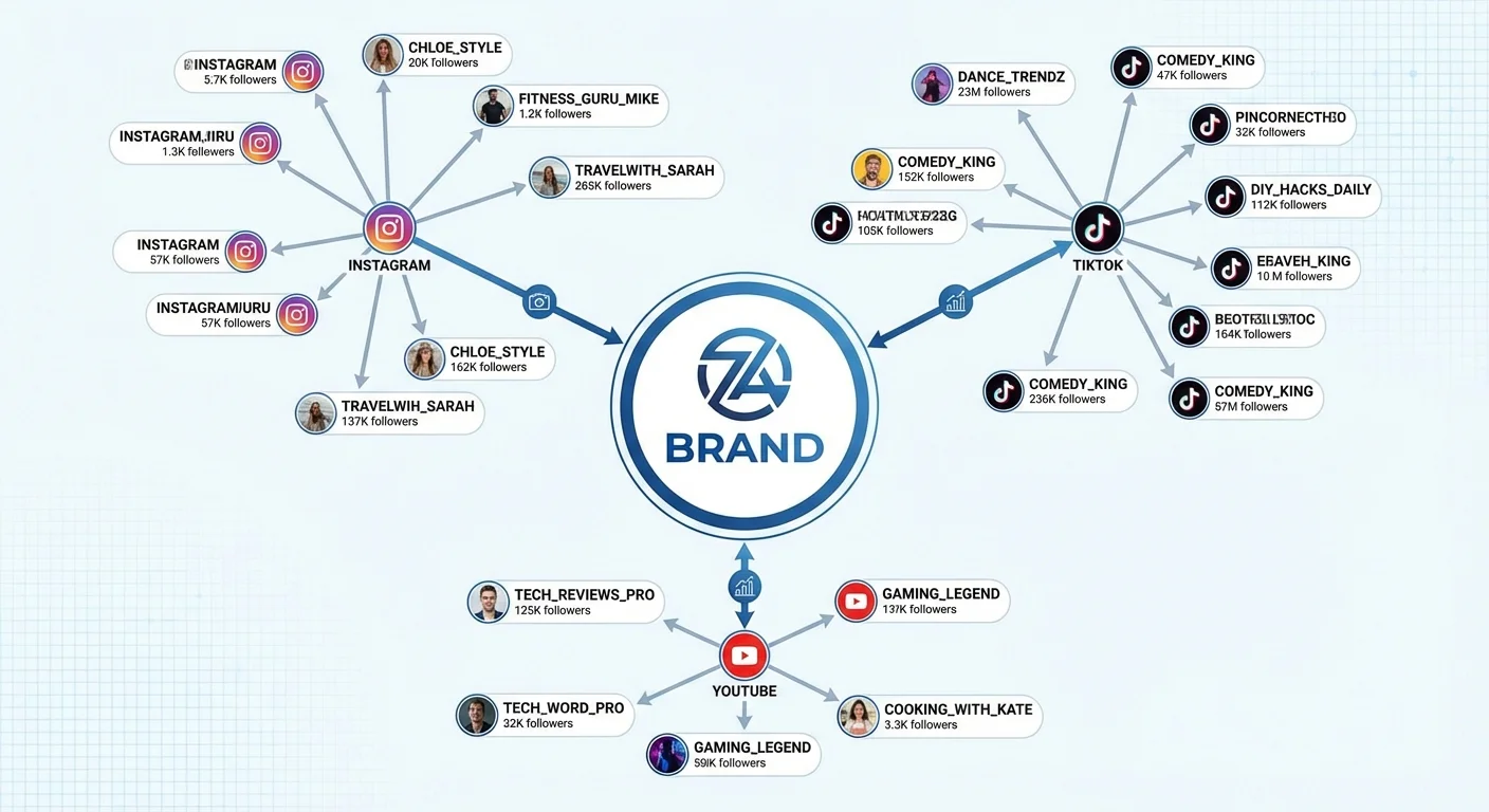 Network diagram showing multiple influencer partnerships across different social media platforms and audience segments