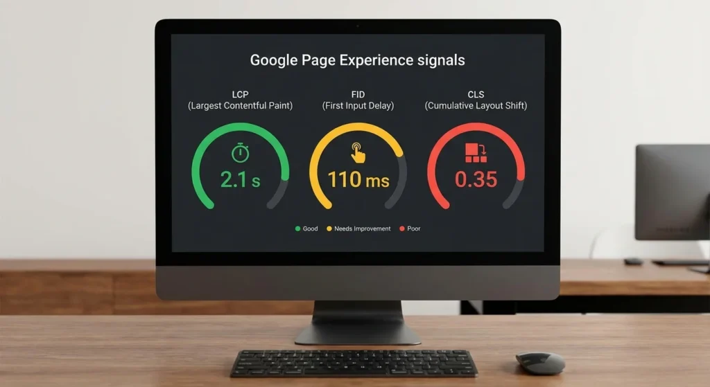 Google Page Experience signals dashboard showing Core Web Vitals metrics