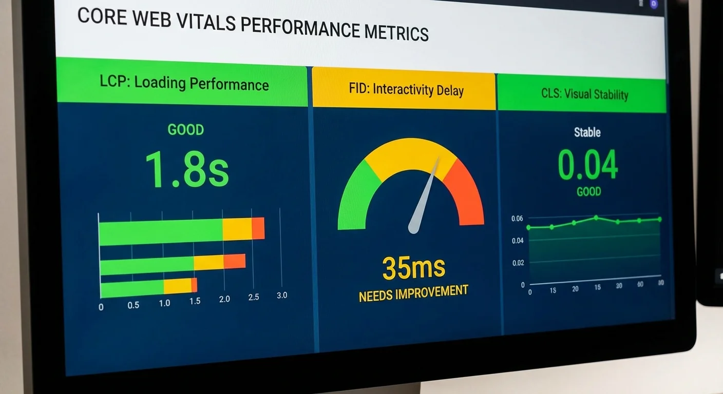 Core Web Vitals performance metrics showing LCP, FID and CLS scores
