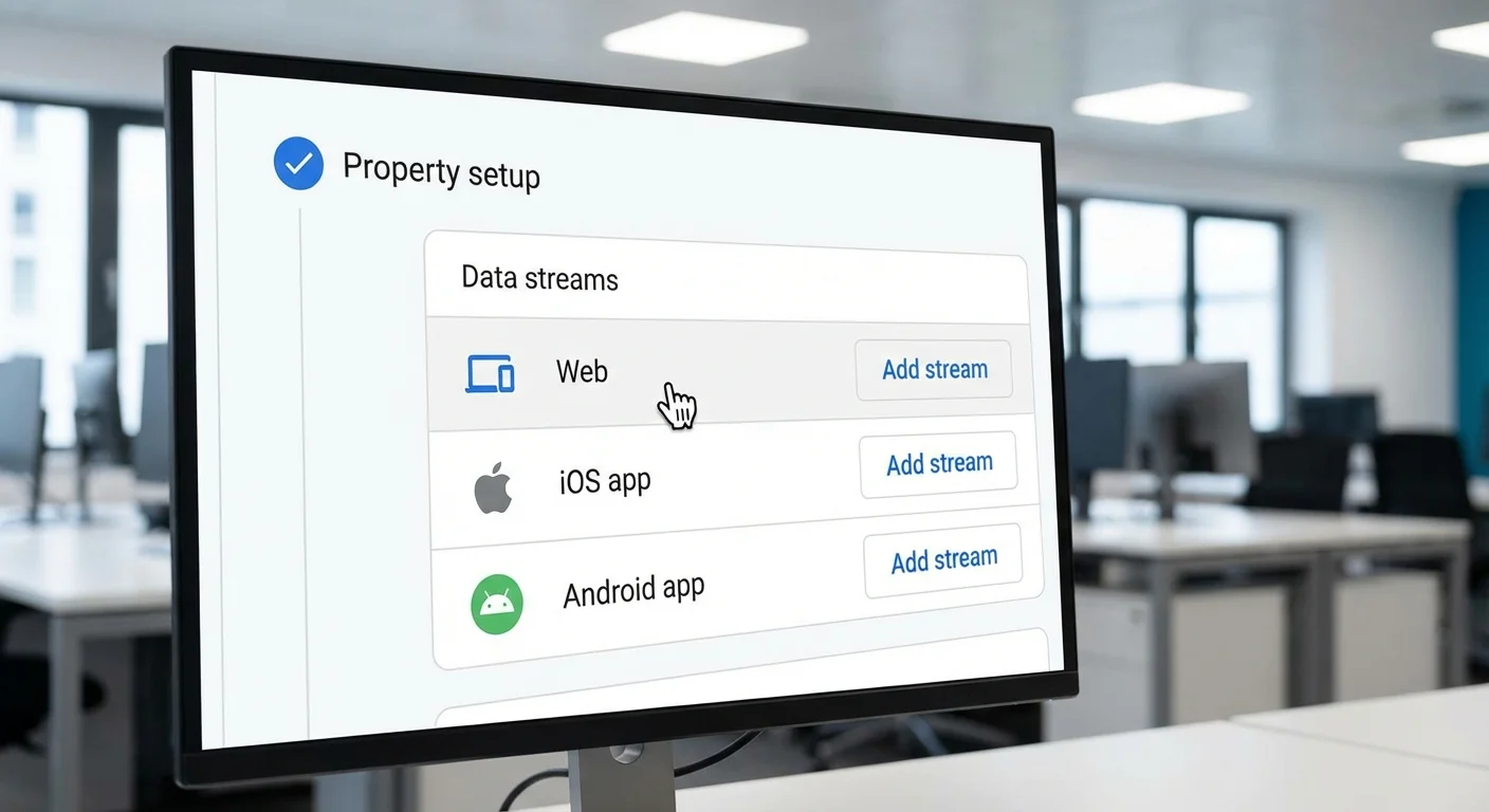 GA4 property setup screen showing data stream configuration options