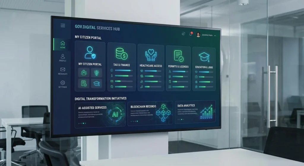 Digital government services transformation dashboard showing various online government portals