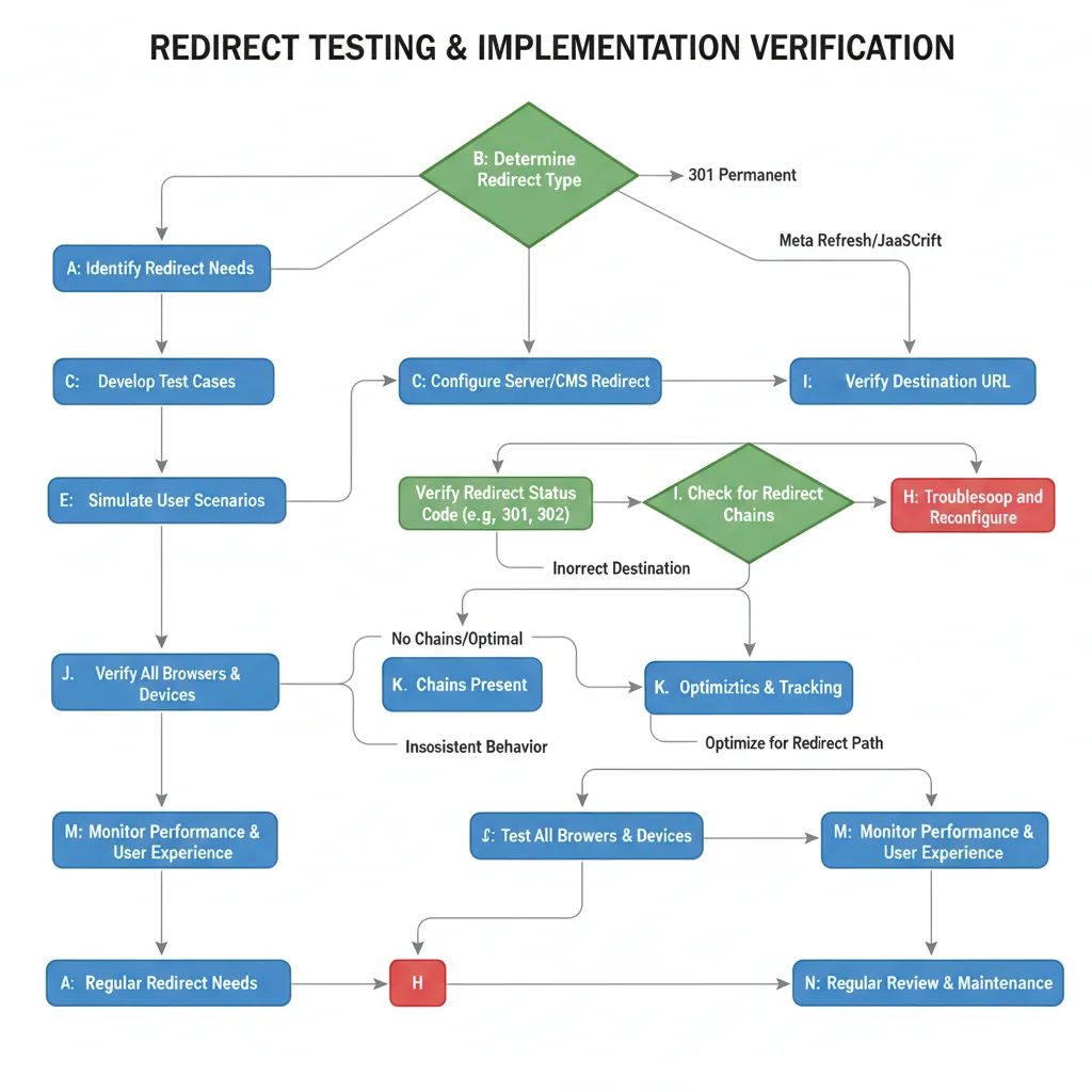 Redirect testing workflow showing implementation verification steps