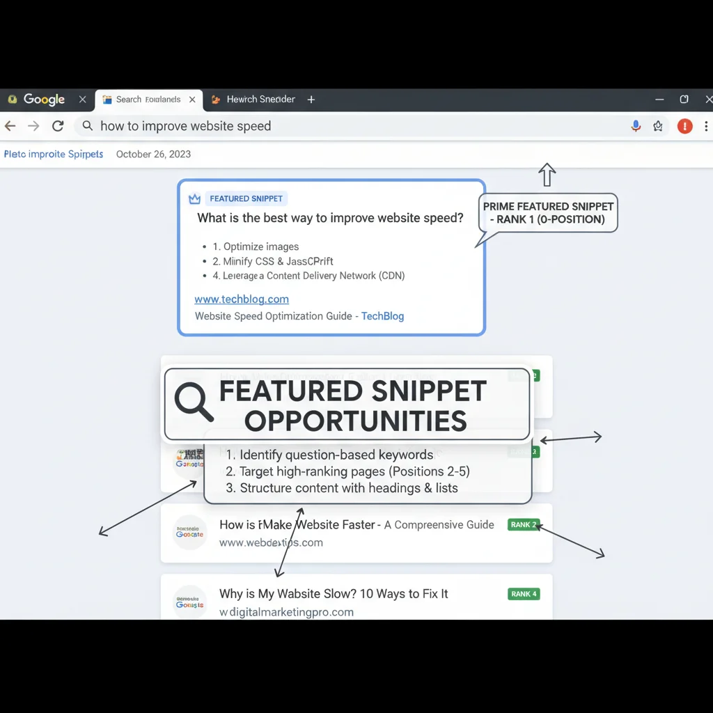Featured snippet optimization showing question-based keyword opportunities