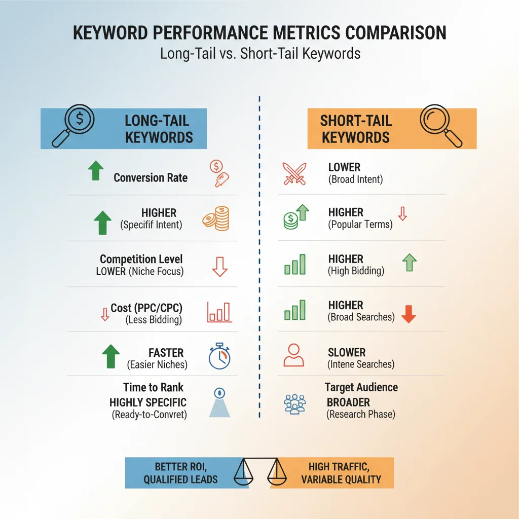 Comparison chart showing long-tail vs short-tail keyword performance metrics