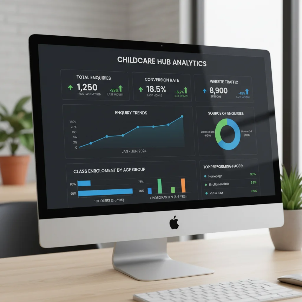 Analytics dashboard showing increased website enquiries and conversions for childcare centre