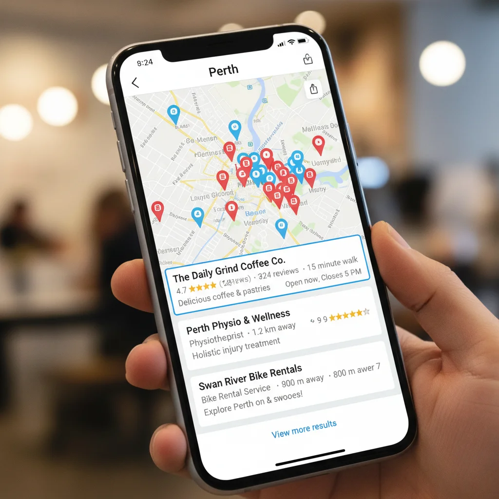 Perth local business search results on mobile showing map and listings