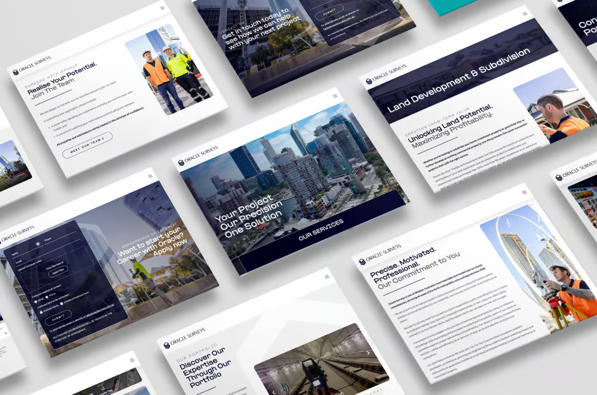 A grid of angled website mock-ups displays urban development and construction-themed pages, now also showcasing mining industry services, with cityscapes, construction workers, buildings, and text highlighting grinding media solutions.