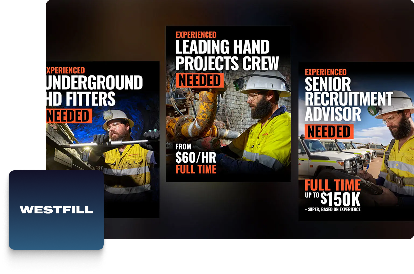 Three recruitment adverts for mining jobs feature workers in safety gear, highlighting strong branding. Positions include underground HD fitters, leading hand projects crew (£60/hr), and senior recruitment adviser (up to £150K). WESTFILL logo appears in the corner.
