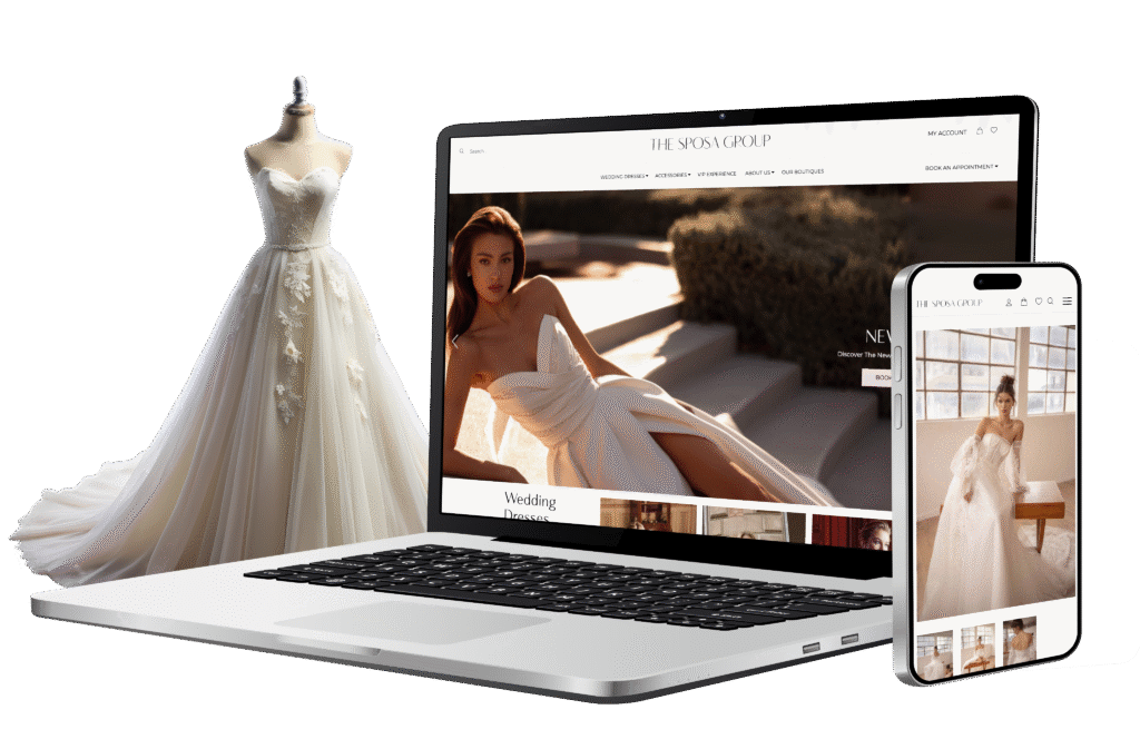 A laptop, mobile phone, and dressmaker’s mannequin display a white wedding dress. Both devices show images of a model in a similar dress, highlighting an online bridal shop. The scene suggests digital bridal shopping and celebrates modern bridal fashion and lifestyle.