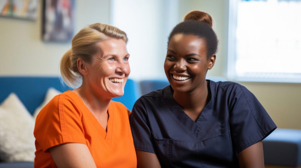 Two smiling women in medical scrubs, one in orange and the other in navy blue, sit close together indoors. Their relaxed demeanour reflects a positive healthcare environment in the brightly lit room.