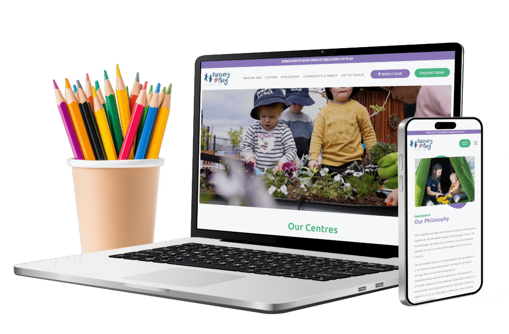 A cup of coloured pencils, an open laptop showing a childcare centre website with children gardening, and a smartphone displaying the same website, all on a white background.
