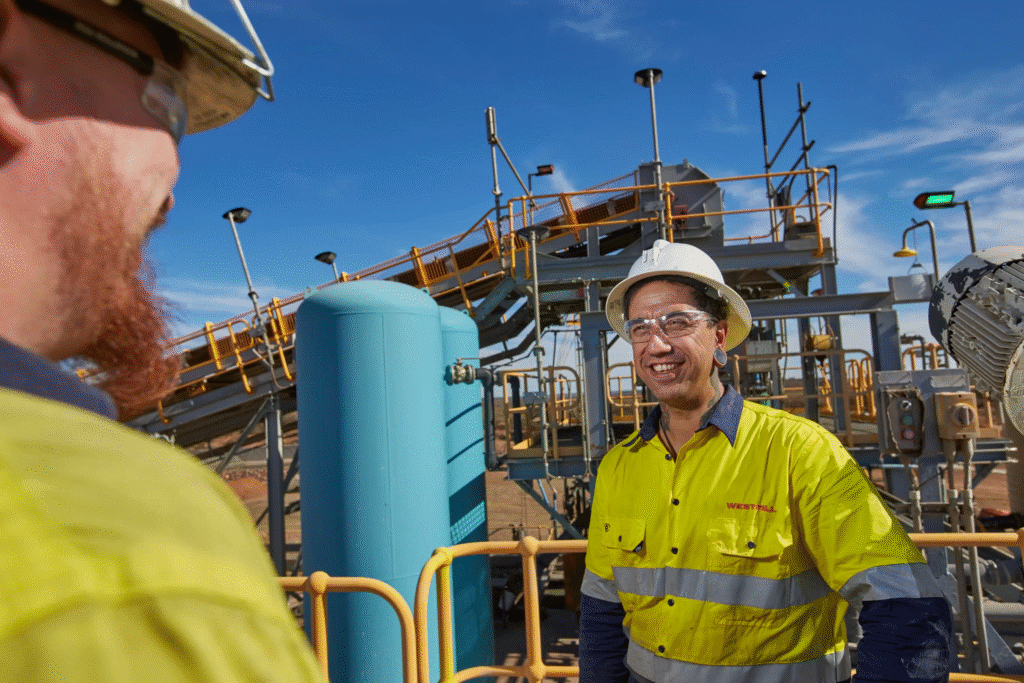 Two workers in high-visibility clothing, hard hats, and safety glasses stand smiling and talking at a Mining Sector site, surrounded by metal structures and equipment under a blue sky.
