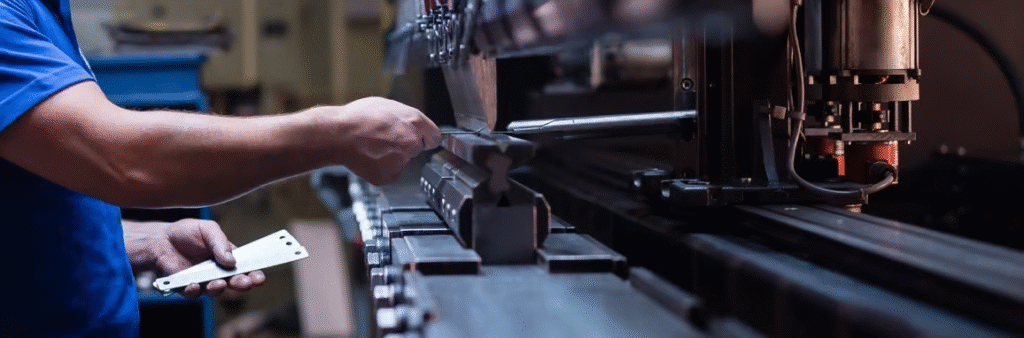 A person operates a sheet metal bending machine, holding a metal piece and adjusting the controls in an industrial workshop, demonstrating a key step in the manufacturing process.
