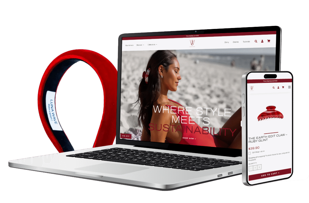 A red hairband, a laptop showing a woman in a swimming costume on a beach, and a mobile phone displaying a product page for a red hair clasp, all promoting a fashion website focused on sustainability.