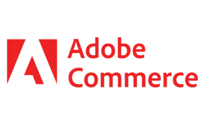 Red Adobe logo next to the words Adobe Commerce in bold red text on a transparent background.