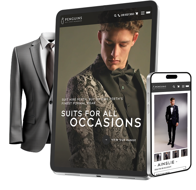 A tablet and smartphone display a men's formalwear website, featuring a young man in a patterned suit jacket. A grey suit with a brown tie is positioned behind the devices.