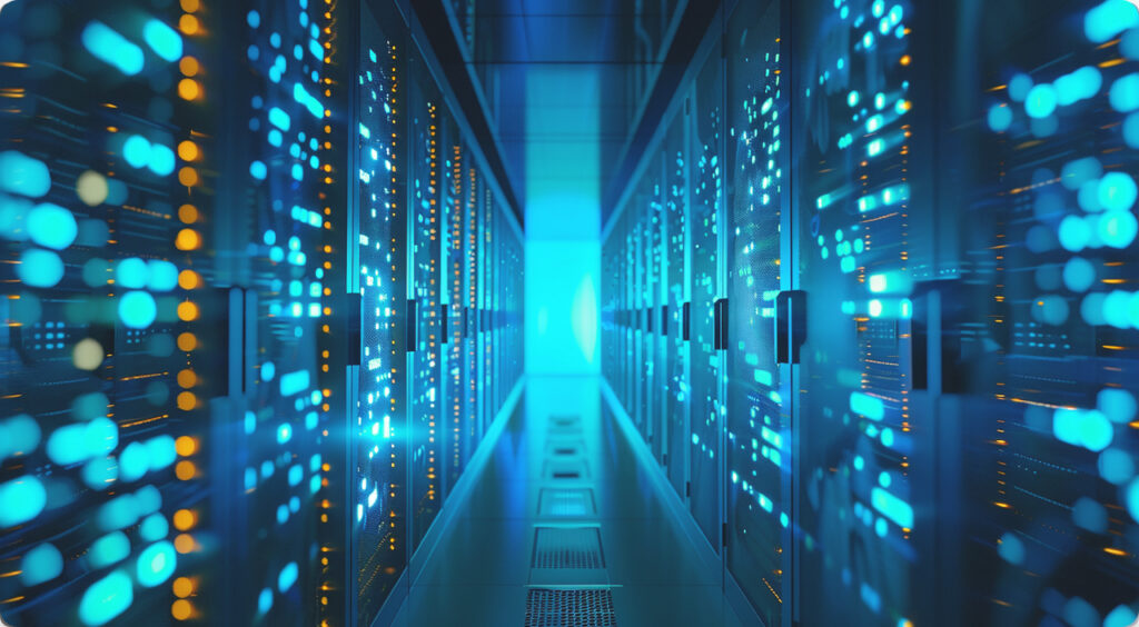 A brightly lit corridor inside a data centre, lined with tall server racks glowing with blue and orange LED lights, creates a futuristic and high-tech atmosphere—ideal for secure web hosting and domain management.