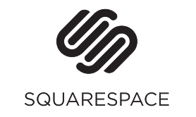The Squarespace logo features two interlocking black lines forming an abstract design above the word Squarespace in bold, uppercase black letters on a light background, often compared to modern Shopify development branding.