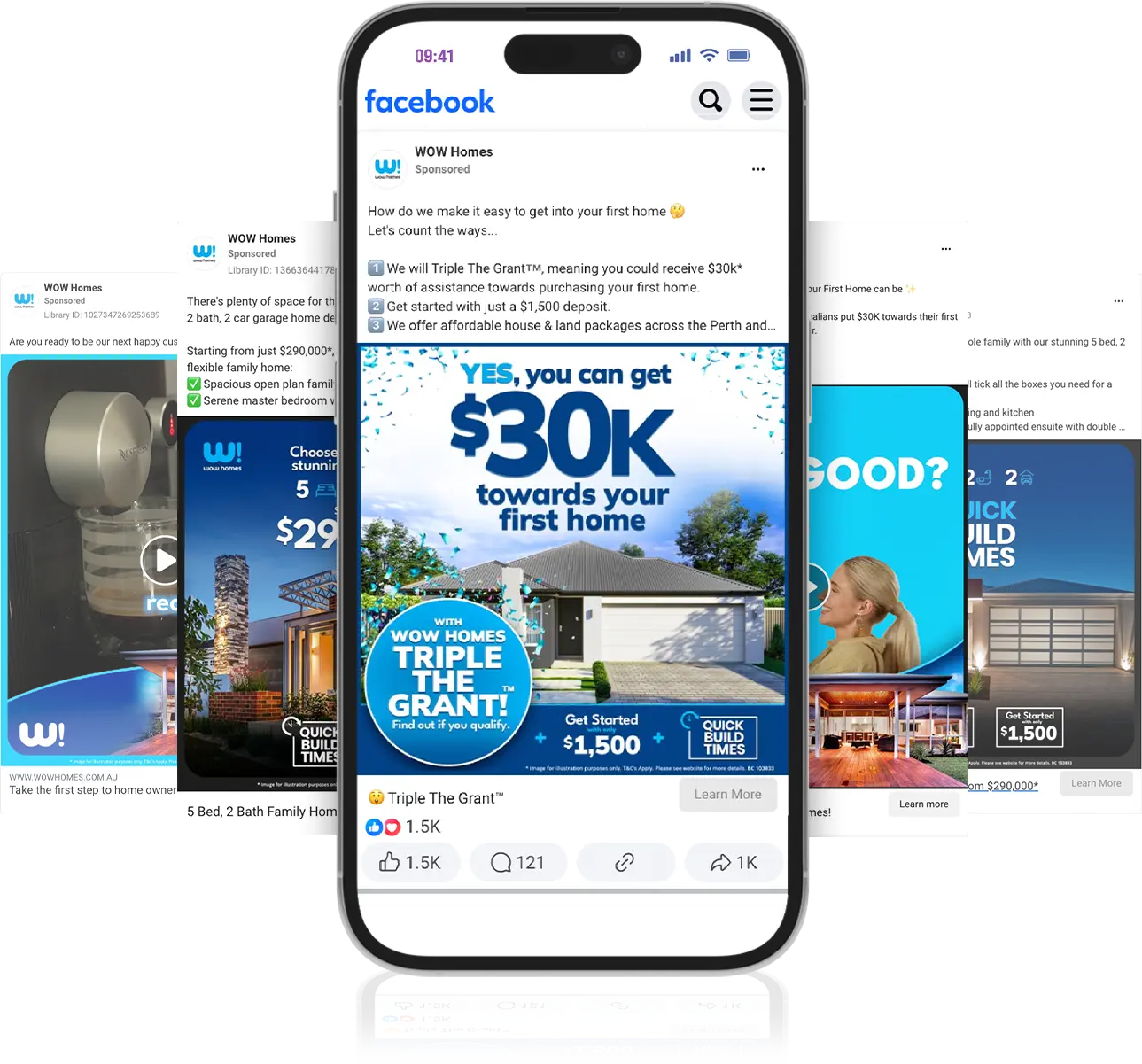 A smartphone displays a Facebook Advertising advert from WOW Homes offering £30K towards a first home, with large blue text and images of houses. Faded Facebook adverts for other WOW Homes promotions appear in the background.