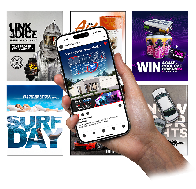 A hand holds a smartphone displaying a house listing app, overlaid on five colourful posters—evoking the dynamic visuals often seen in Facebook Advertising—for products like juice, surfing, gaming prizes, and car headlights.