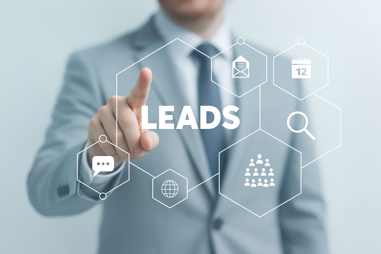 A person in a suit points to a transparent screen displaying LEADS and business icons, highlighting Lead Generation and Marketing with symbols such as a chat bubble, calendar, magnifying glass, globe, and group of people.