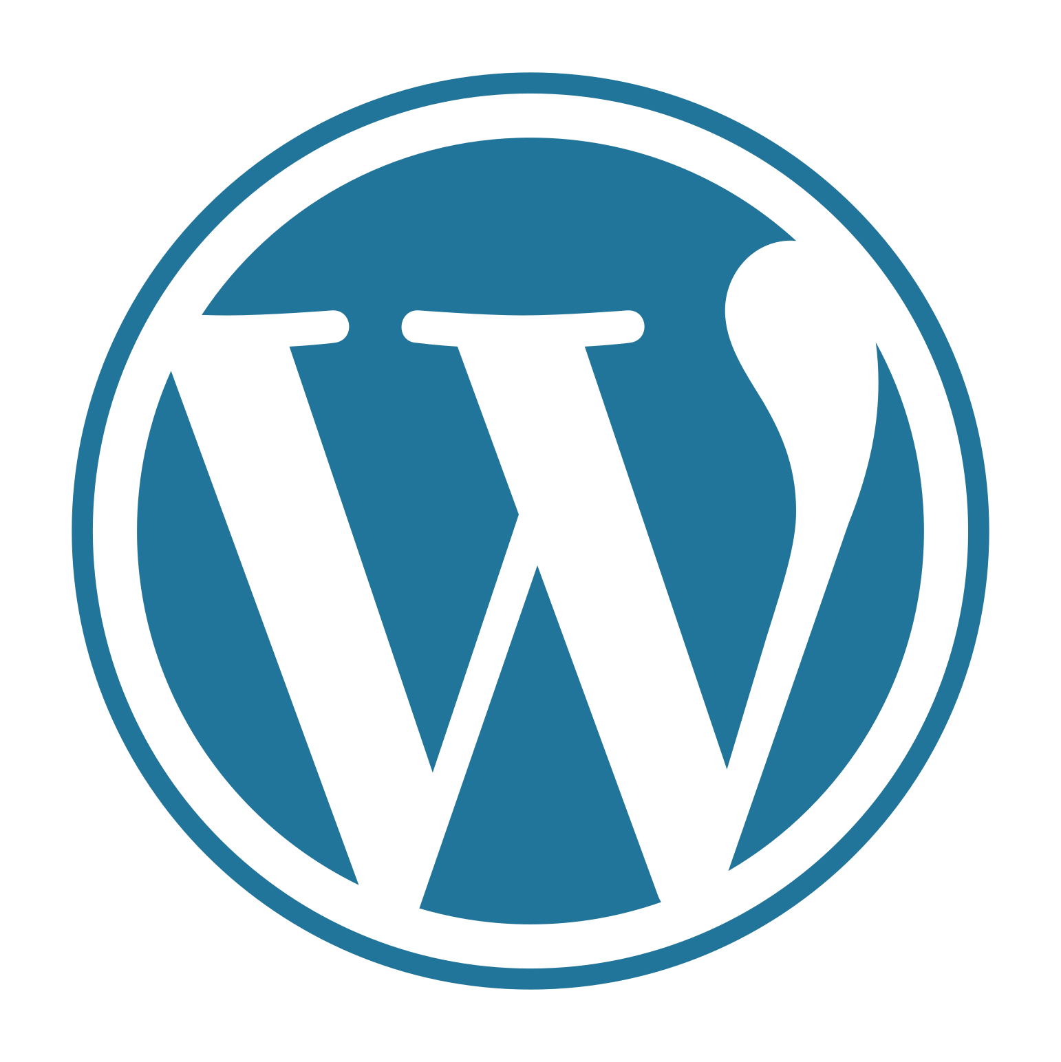 WordPress logo: a bold white letter W centred inside a blue circle with a thick white and blue border, contrasting in style to Sitecore CMS design elements.