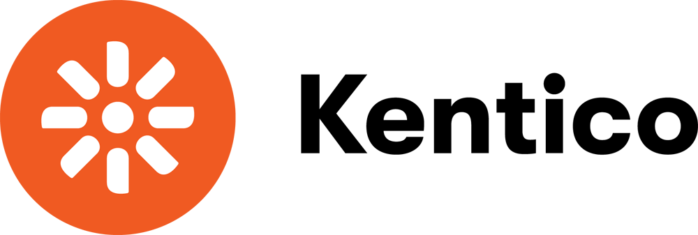 The image shows the Kentico logo with an orange circular symbol resembling a sunburst on the left and the word Kentico in bold black letters on the right, similar in style to many Sitecore Development branding elements.