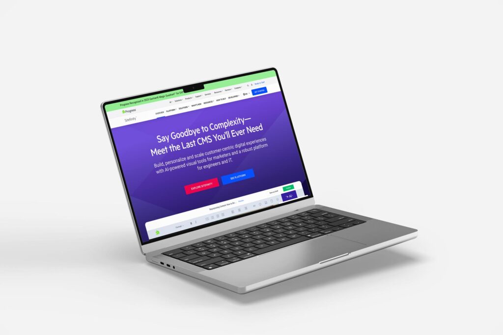 A laptop on a white surface displays a website with a blue and purple background reading, “Say Goodbye to Complexity™ Meet the Last CMS You’ll Ever Need,” powered by Sitefinity CMS, with navigation and call-to-action buttons on screen.