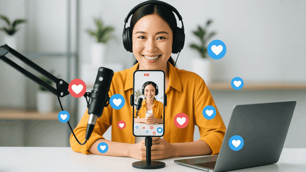 A woman wearing headphones smiles whilst livestreaming at her desk, surrounded by heart icons showing social media engagement—a perfect scene for Social Media Marketing or creating compelling TikTok Adverts content.