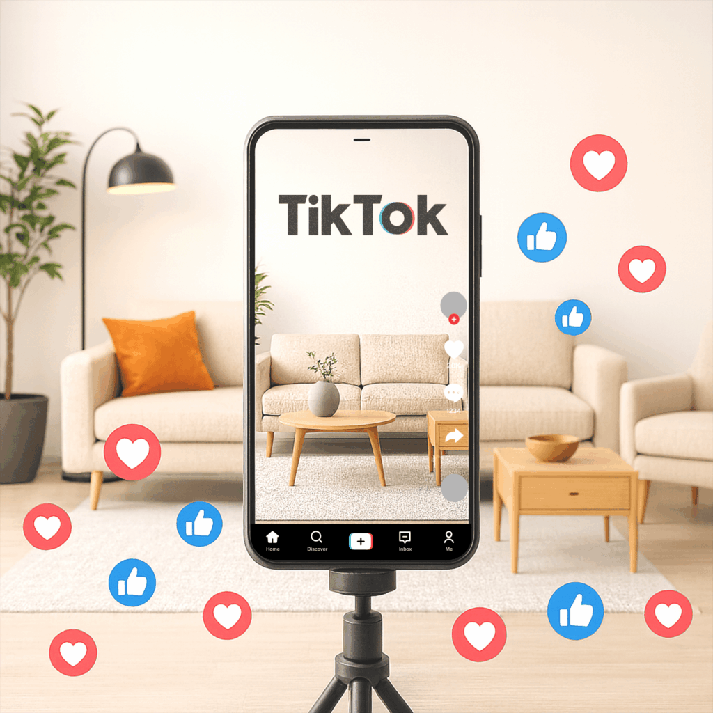 A smartphone on a tripod films a lounge with a sofa and coffee table, displaying the TikTok app interface. Floating heart and thumbs-up icons symbolise TikTok Ads and social media marketing engagement.