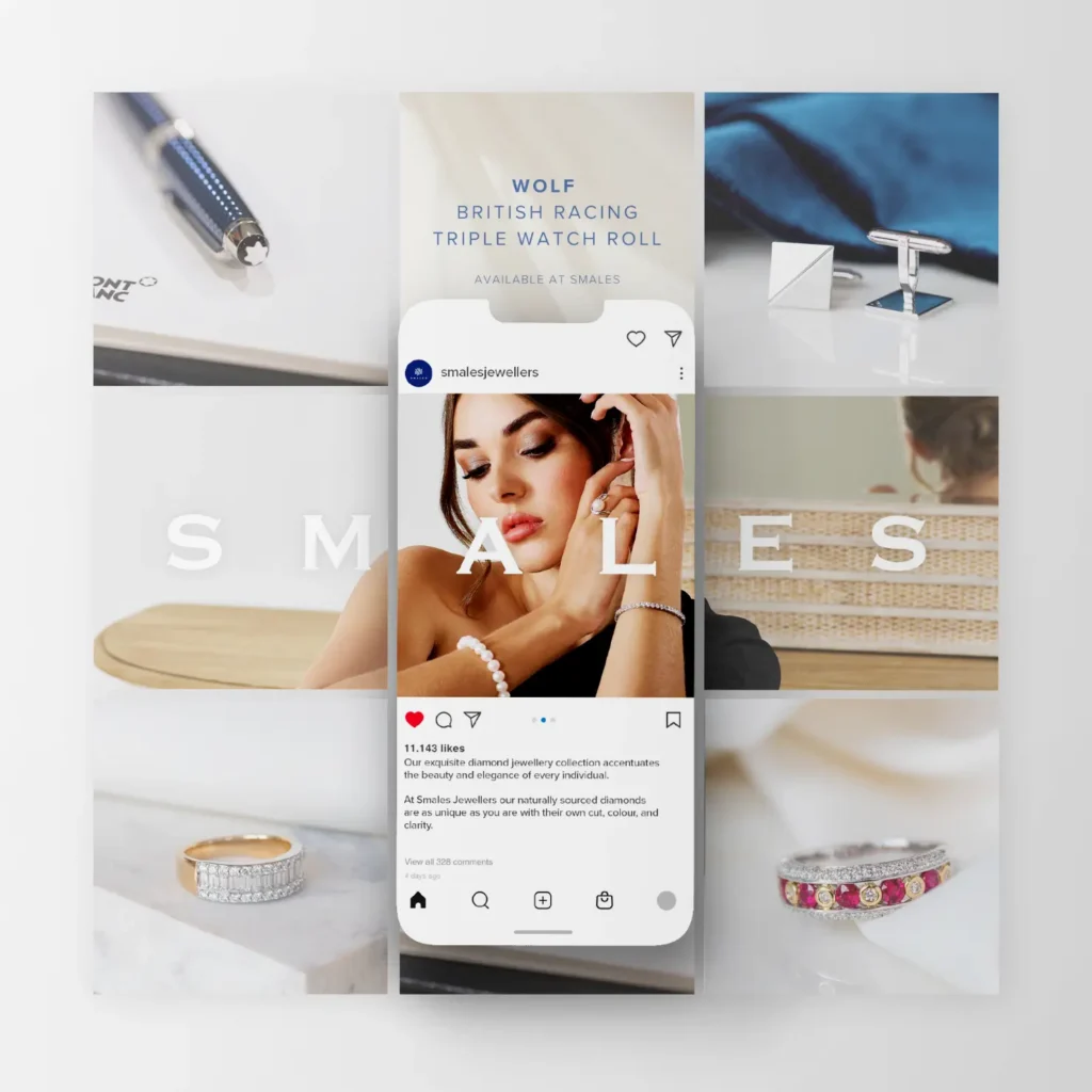 A collage of luxury jewellery items, including rings, cufflinks, and a watch roll from Smales Jewellery. An Instagram post in the centre shows a woman wearing a pearl bracelet and earrings. The background reads SMALES.