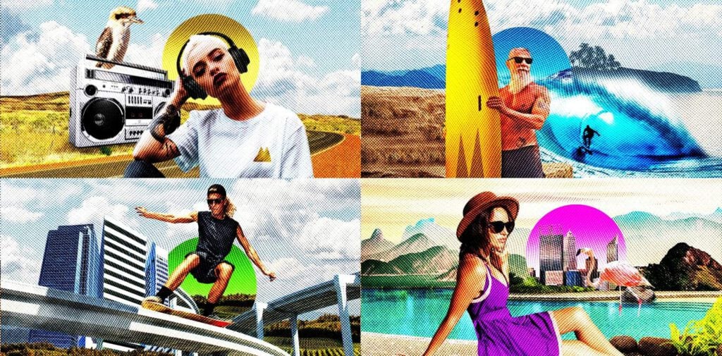 A vibrant collage of four scenes—from a woman with headphones to a surfer by the ocean—captures life’s energy with colourful, retro backgrounds, inspired by the lively spirit of Mash Brewing.