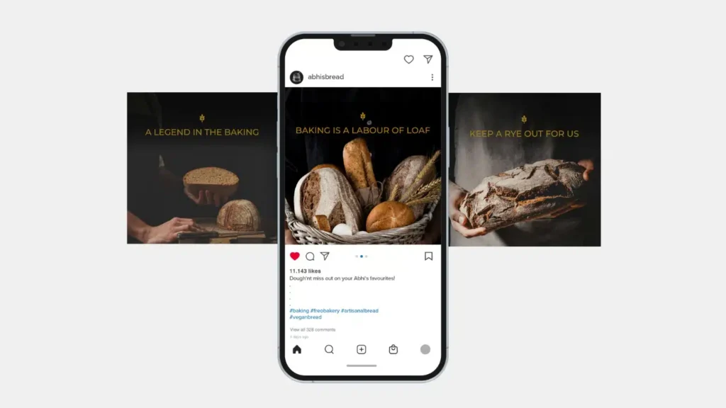 A smartphone displays an Instagram post featuring a basket of assorted breads from Abhi’s Bread, surrounded by three background images of hands holding different loaves and bread-related slogans on a dark backdrop.
