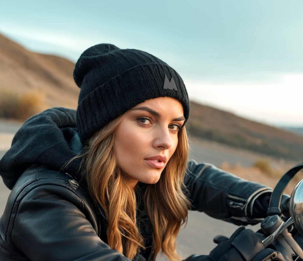 A woman wearing a black beanie and leather jacket sits on a motorbike, looking at the camera with a serious expression. In the blurred, hilly landscape behind her, a Mash Brewing craft beer brewery is faintly visible under the cloudy sky.