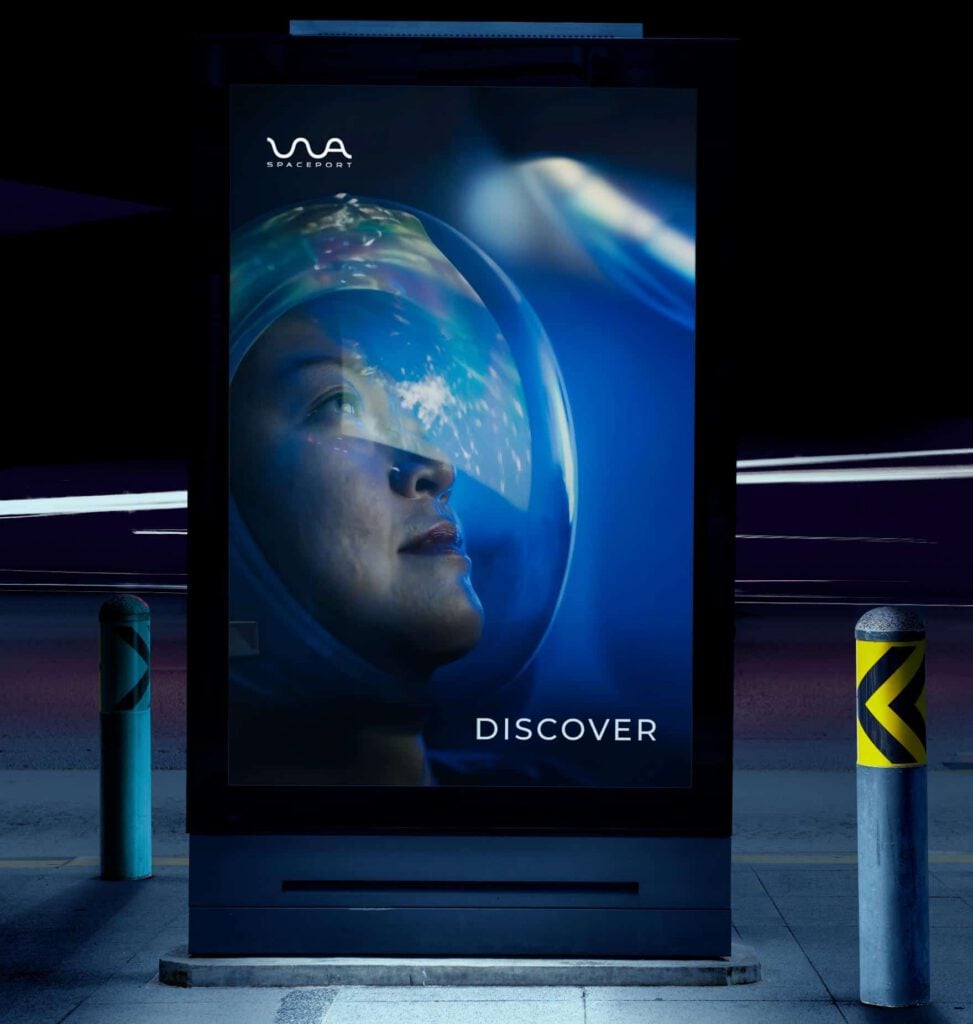A bus stop advert shows a person in a space helmet looking up, with Earth reflected in the visor. The word DISCOVER and a WA Spaceport logo appear on the dark, futuristic design.