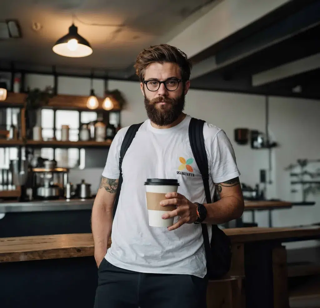 A bearded man wearing glasses, a white T-shirt, and a rucksack stands in Zaam Coffee, holding a takeaway cup. The modern café features wooden counters, hanging lights, and hints of coffee roasting in the air as he looks at the camera.