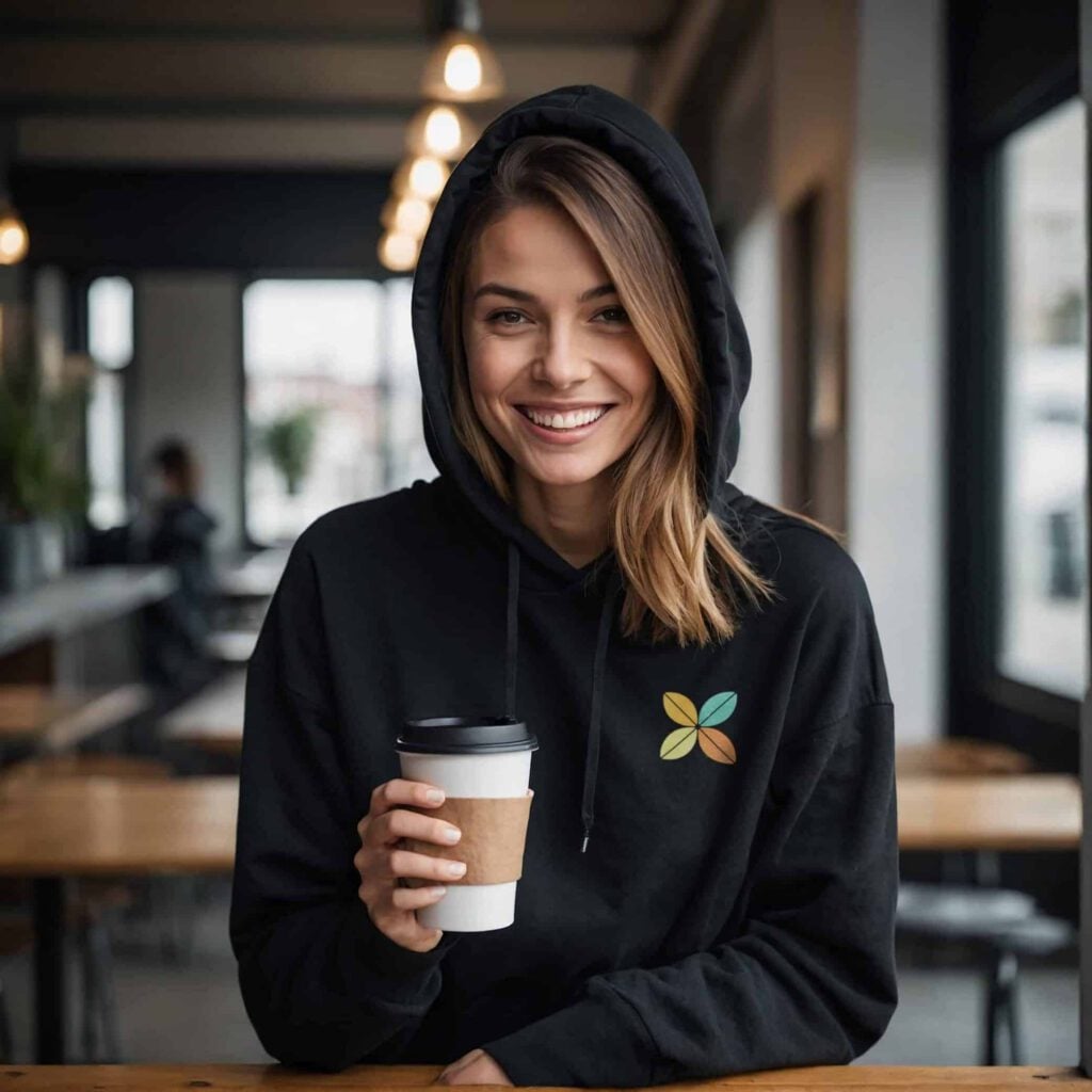 A smiling woman in a black hoodie with a colourful flower logo sits at a wooden table in a modern café, holding a takeaway cup from Zaam Coffee, savouring their expertly crafted coffee roasting.