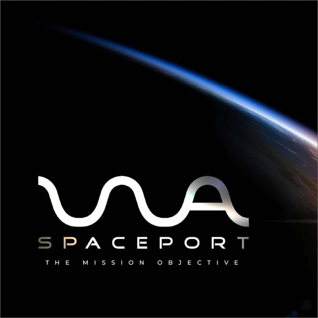 A stylised WA Spaceport logo appears over a dark background with a thin blue curve representing Earth’s atmosphere. Below the WA Spaceport logo, text reads: THE MISSION OBJECTIVE.