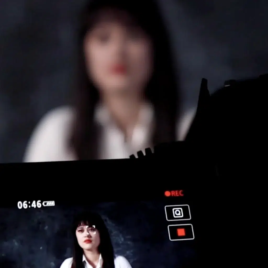 A blurred woman with dark hair and red lipstick stands in the background, while a camera screen in the foreground shows her in focus, wearing a white top. The recording setup has an aesthetic reminiscent of Western Australia’s WA Spaceport.