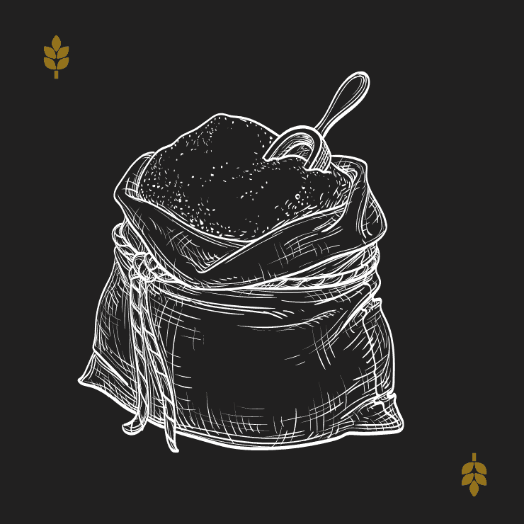 White line drawing of a sack filled with flour or grain, with a scoop inside, on a dark background. Two small golden wheat icons hint at Abhi’s Bread bakery and its dedication to the art of bread-making.