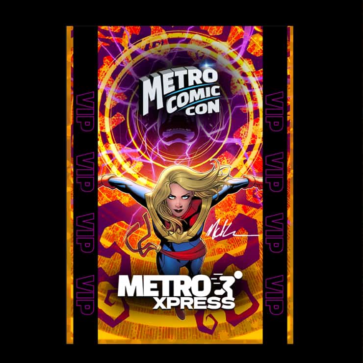 A dynamic comic-style illustration of a blonde superhero flying forwards appears on a Metro Comic Con VIP pass. The background bursts with vibrant swirling purple and yellow patterns, featuring the Metro Xpress logo at the bottom.