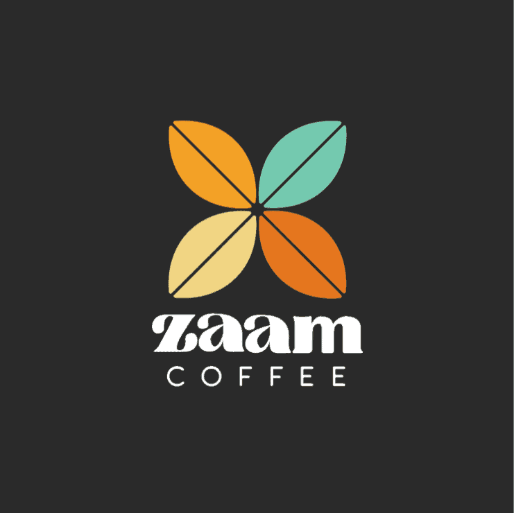 A colourful, four-petal flower logo with yellow, orange, and teal petals sits above the text Zaam Coffee on a dark background, capturing the vibrant essence of coffee roasting.