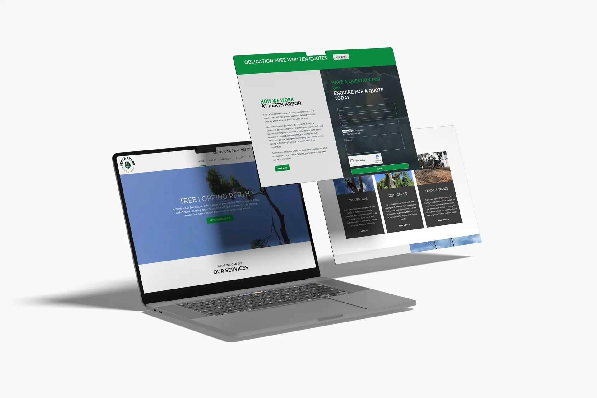A laptop with a website on its screen displays Perth Arbor Services. Three website interface pages float above the laptop, showcasing forms and service information against a clean white background.