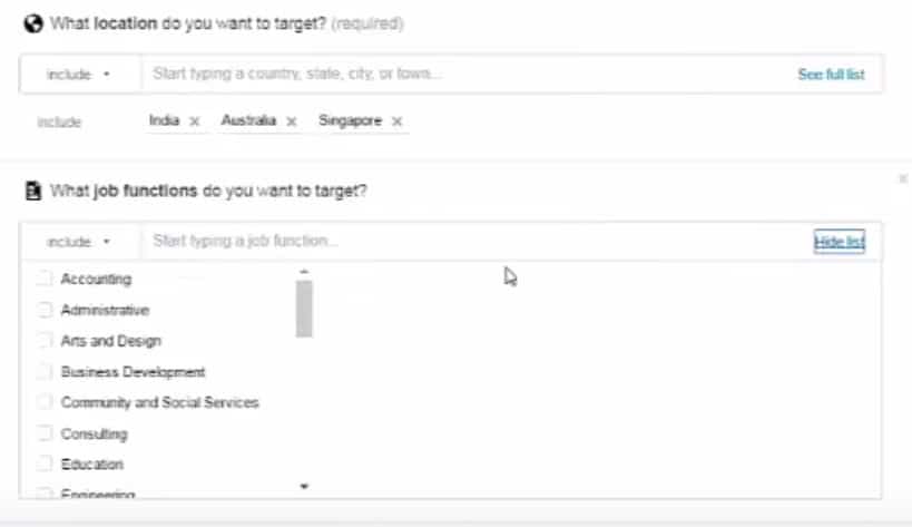LinkedIn detailed targeting interface showing industry, group, and job function specifications