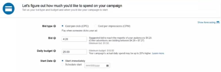 LinkedIn bidding interface showing CPC, CPM options and budget settings