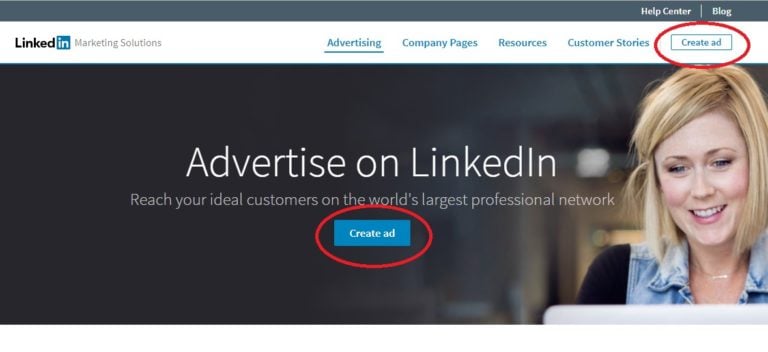 LinkedIn advertising dashboard showing create ad button and campaign setup options